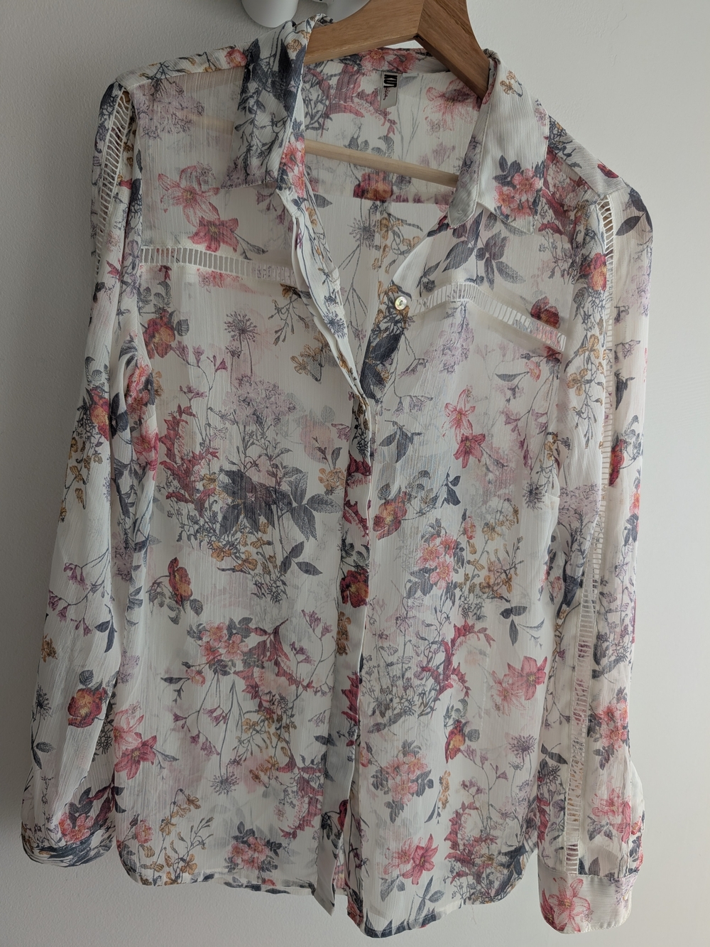 Sheer White Floral Button-Up Blouse with Pink & Gray Blooms